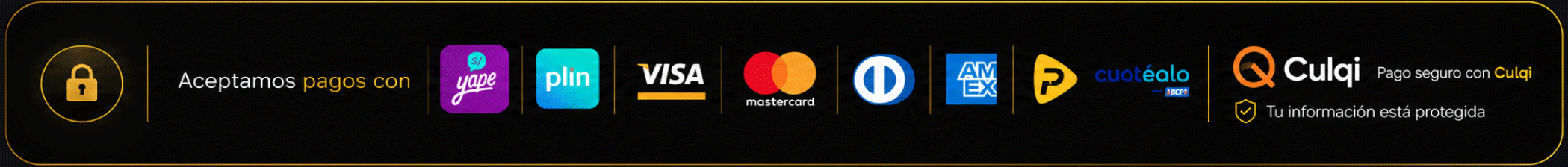 Aceptamos pagos con Yape, Plin, Visa, Mastercard y Culqi